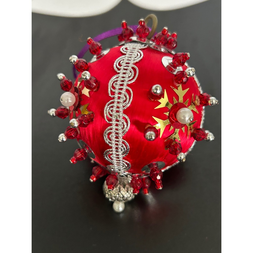Ornament Christmas Red Beaded Sequin Satin Push Pin Snowflake Collectible Retro